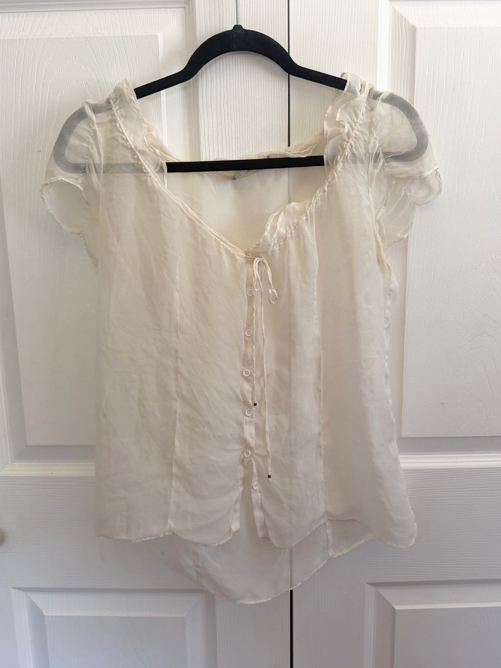 5 for $25! Kenar Cream Sheer Ruffle-Sleeve Button Front Blouse